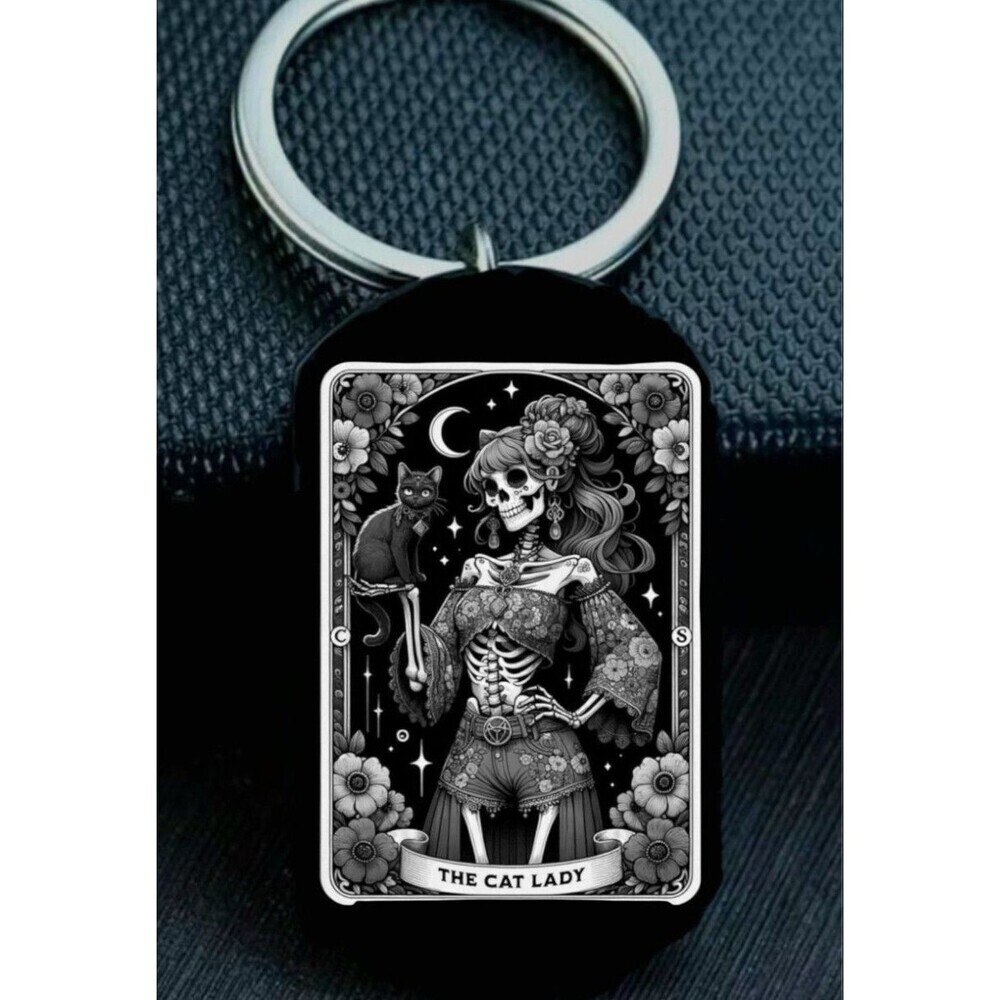 Cat Lady Tarot Card Skelton Art Hot Stainless Keychain Pet Animla Kitty Moon
